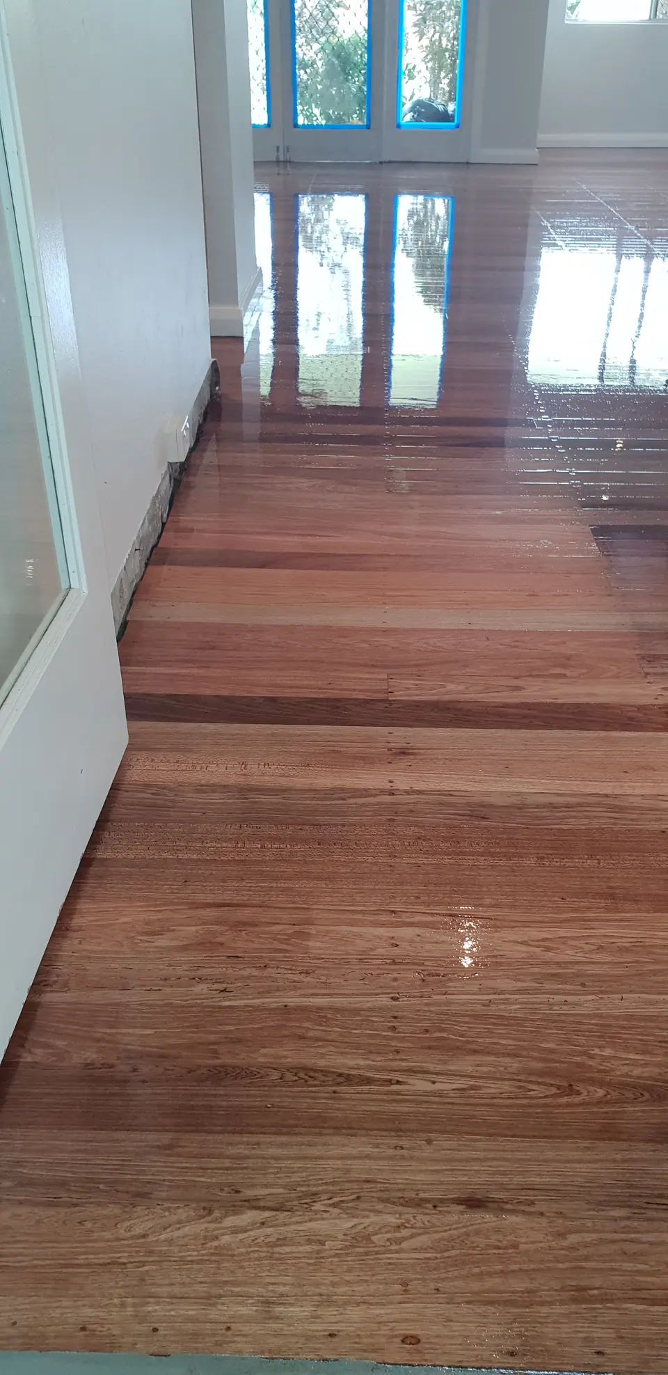 Timber flooring and timber-clad walls in a completed interior